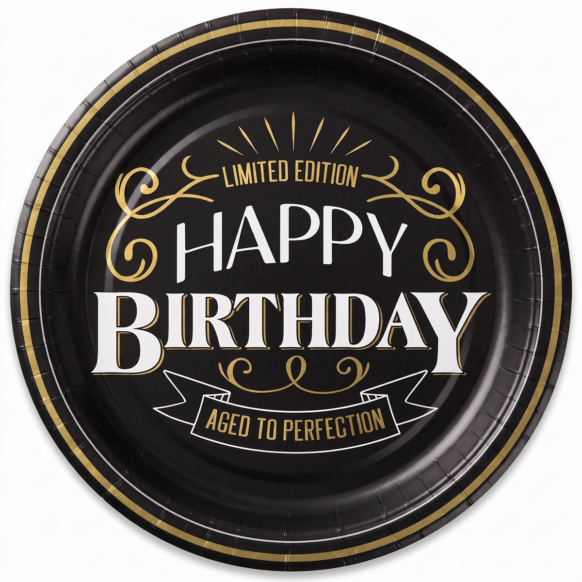 Better with Age Birthday Round Plates, Black/Gold, 10.5-Inch, 8-Pack