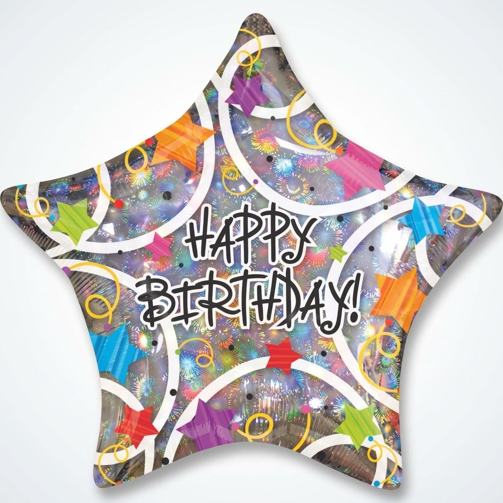 Star Shaped Holographic Happy Birthday Foil Balloon - 18 Inch