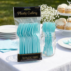 Robin's Egg Blue Economy Plastic Forks - 7.5 in. - 20 Pack