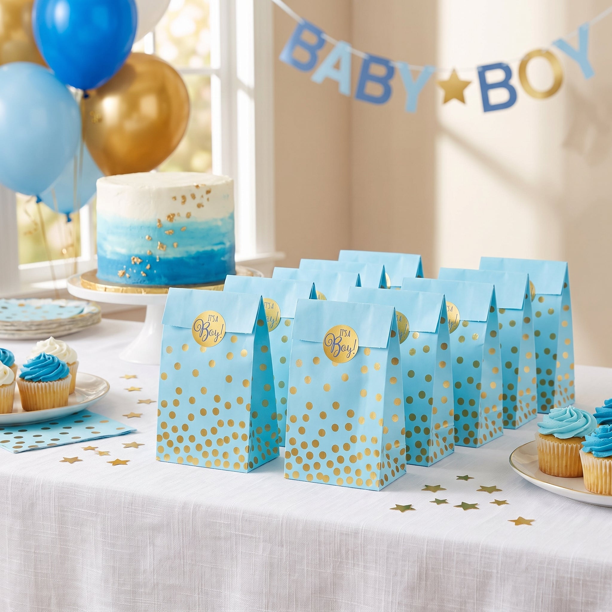 "It's a Boy" Blue & Gold Polka Dot Baby Shower Treat Bags - 20 Pack