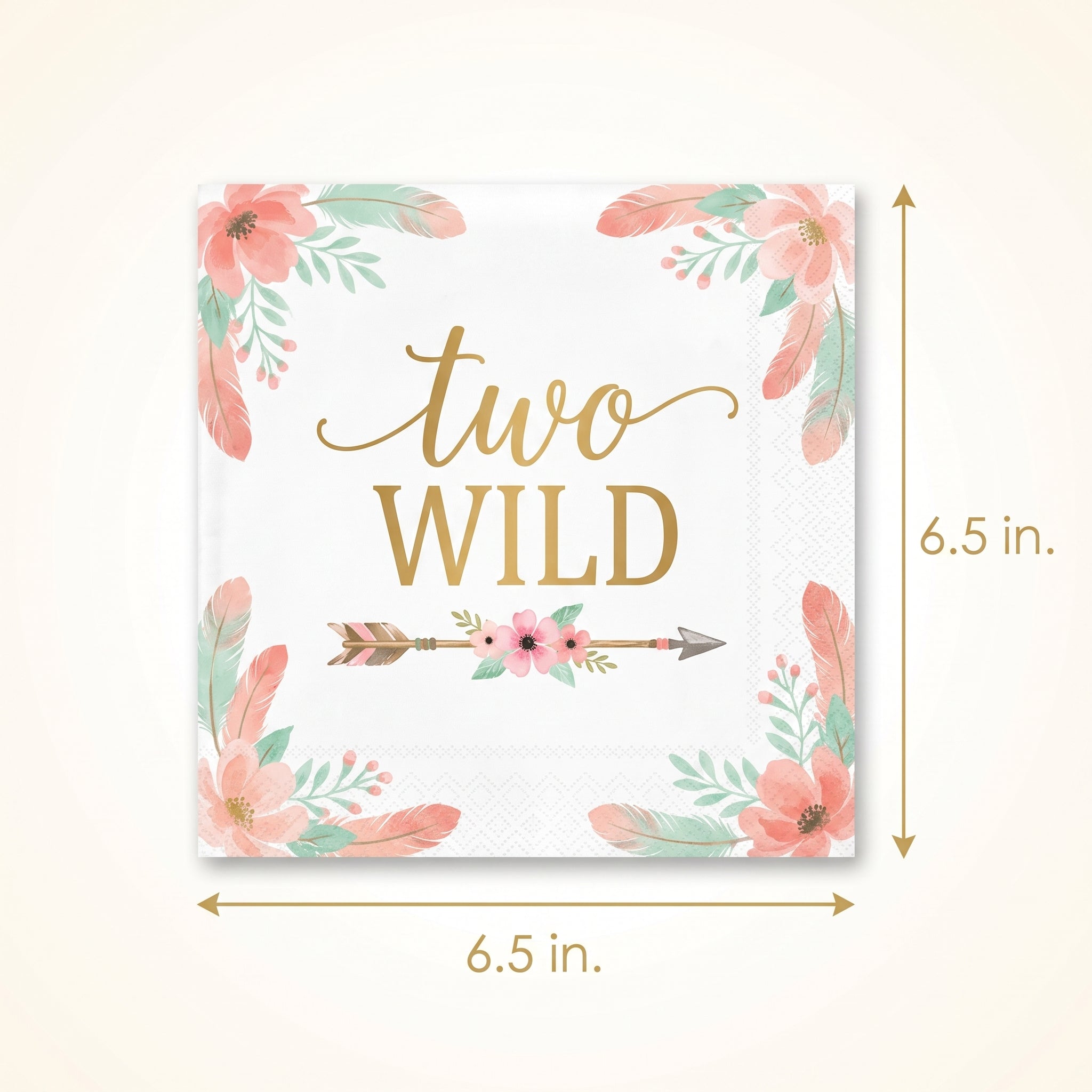 Boho Girl 2nd Birthday Party Napkins - 6.5 In. x 6.5 In. - "Two Wild" Gold Design, Pack of 16
