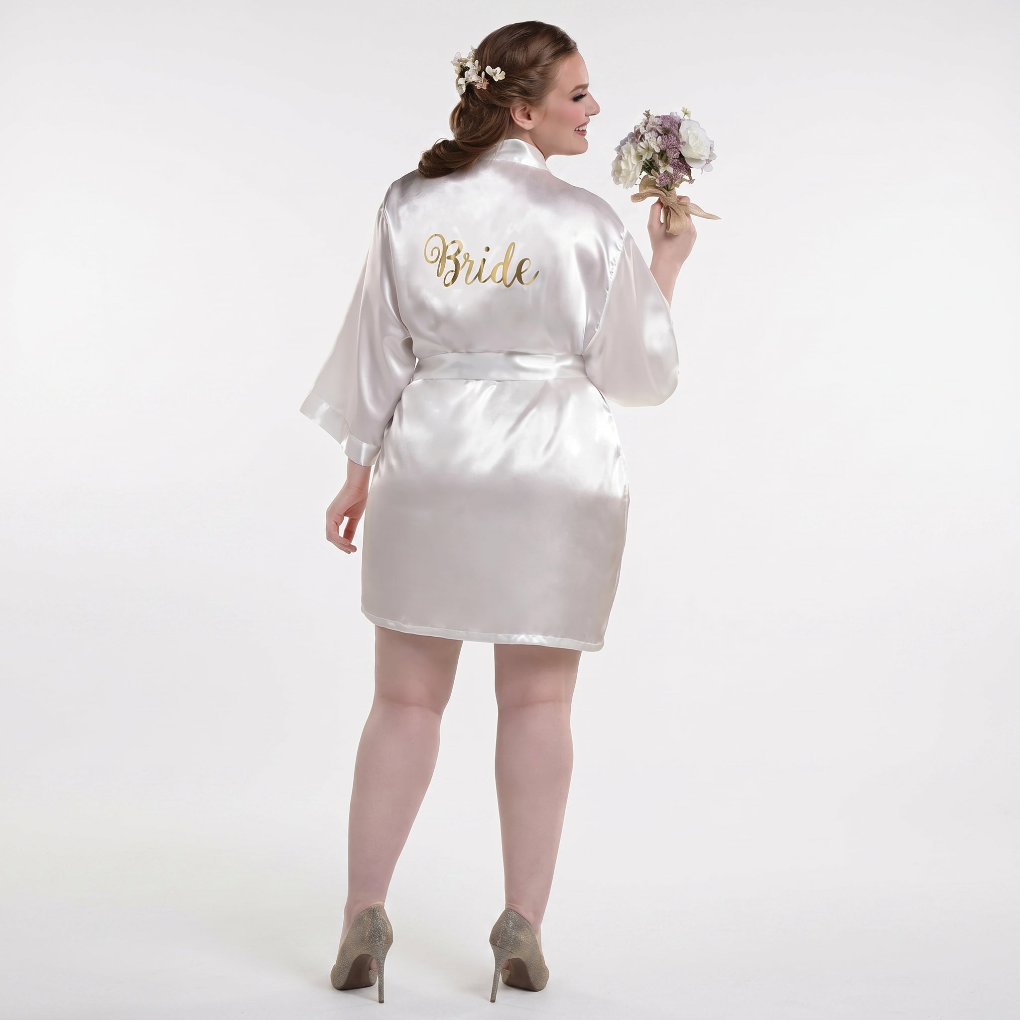 Elegant Plus Size "Bride" Satin Robe with Gold Accents