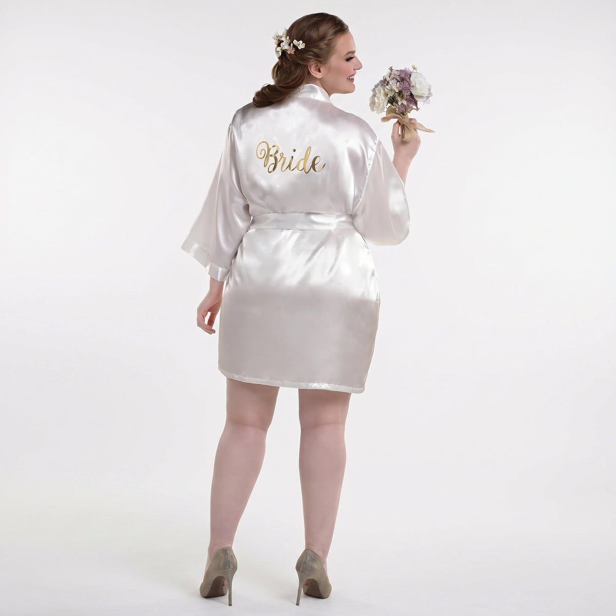 Elegant Plus Size "Bride" Satin Robe with Gold Accents