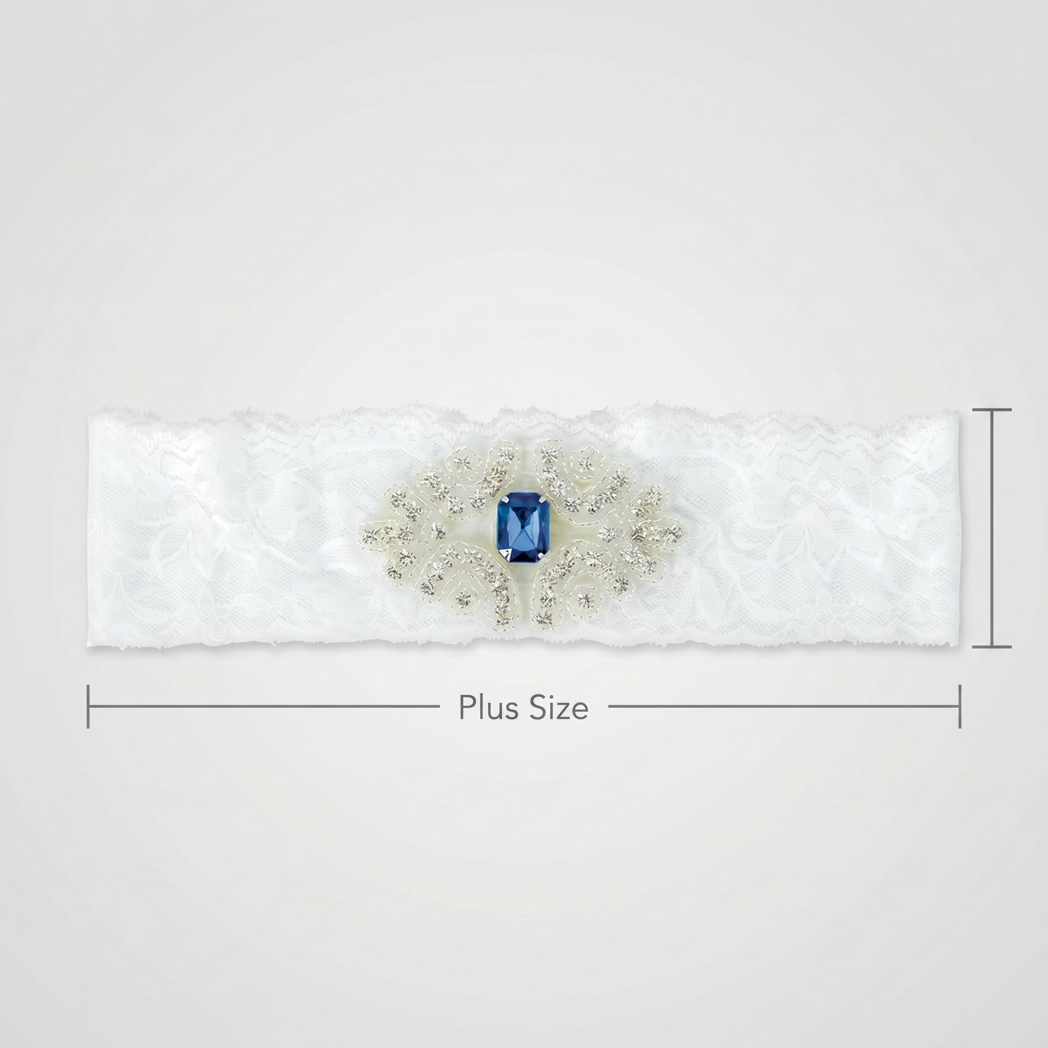 Something Blue Bridal Garter - White Lace Wedding Garter with Sapphire Rhinestone Applique, Plus Size Keepsake Garter for Bride