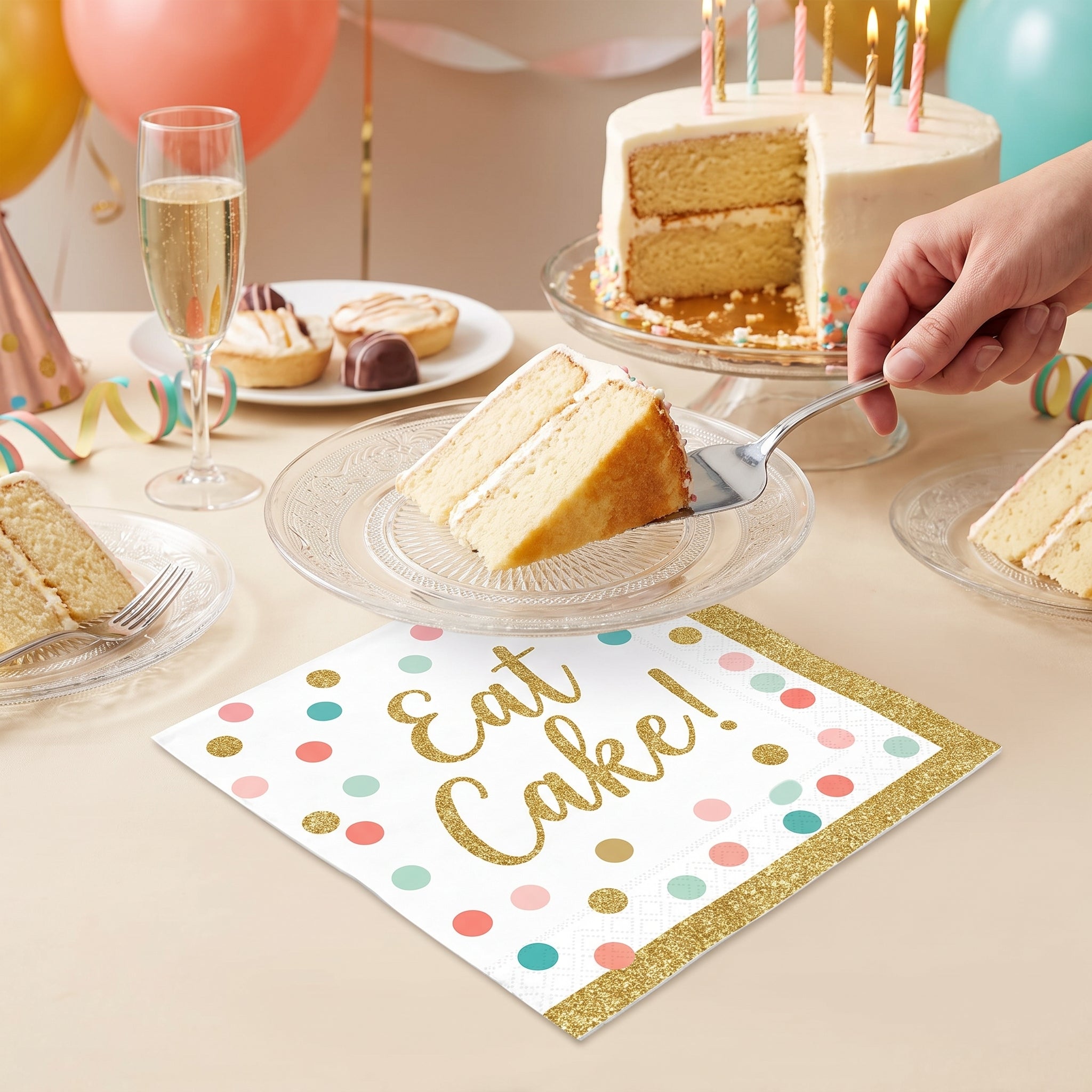 "Eat Cake!" Birthday Beverage Napkins - Gold & Pastel Confetti, 36-Pack - 5 In. X 5 In.