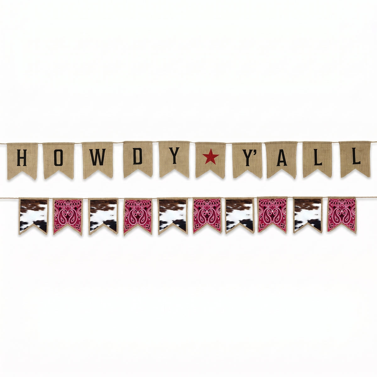 Western Howdy Y'all Banner Set - Reversible Burlap Party Decoration with Cowhide Bandana Garland, Pre-Strung Rustic Cowboy Rodeo Party Decor, 2 Piece, 6 ft