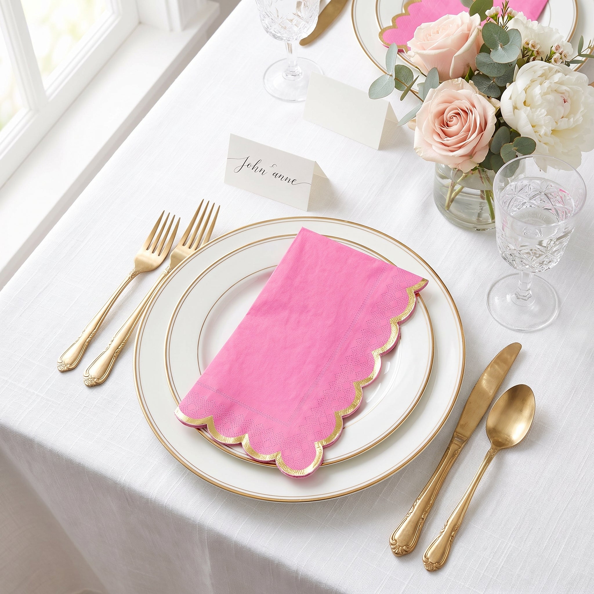 Bright Pink Scalloped Edge Luncheon Napkins with Gold Hot Stamp - 6.5 in. x 6.5 in.