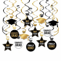 Graduation Celebration Swirl Decorations, Black/Gold, 16-Pack