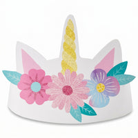 Enchanted Unicorn Paper Crowns with Floral Design, 8-Pack