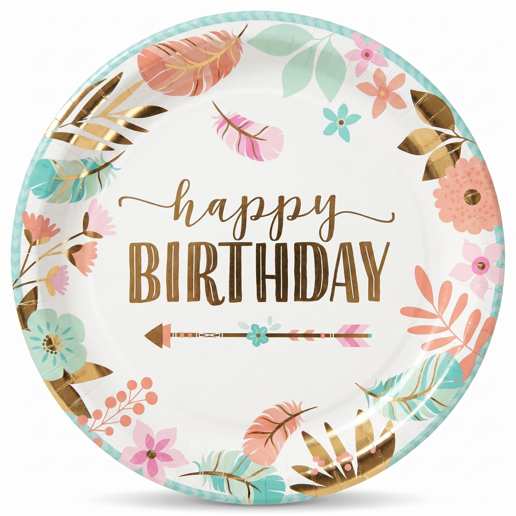 Boho Chic Happy Birthday Metallic Dinner Plates, 10.5-Inch, 8-Pack