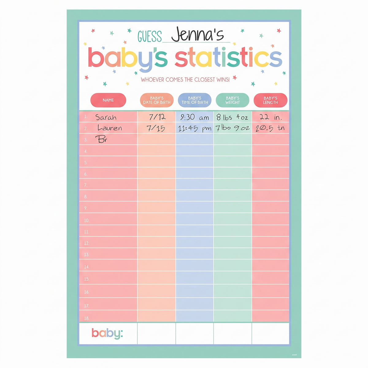 "Guess Baby's Statistics" Baby Shower Game Poster