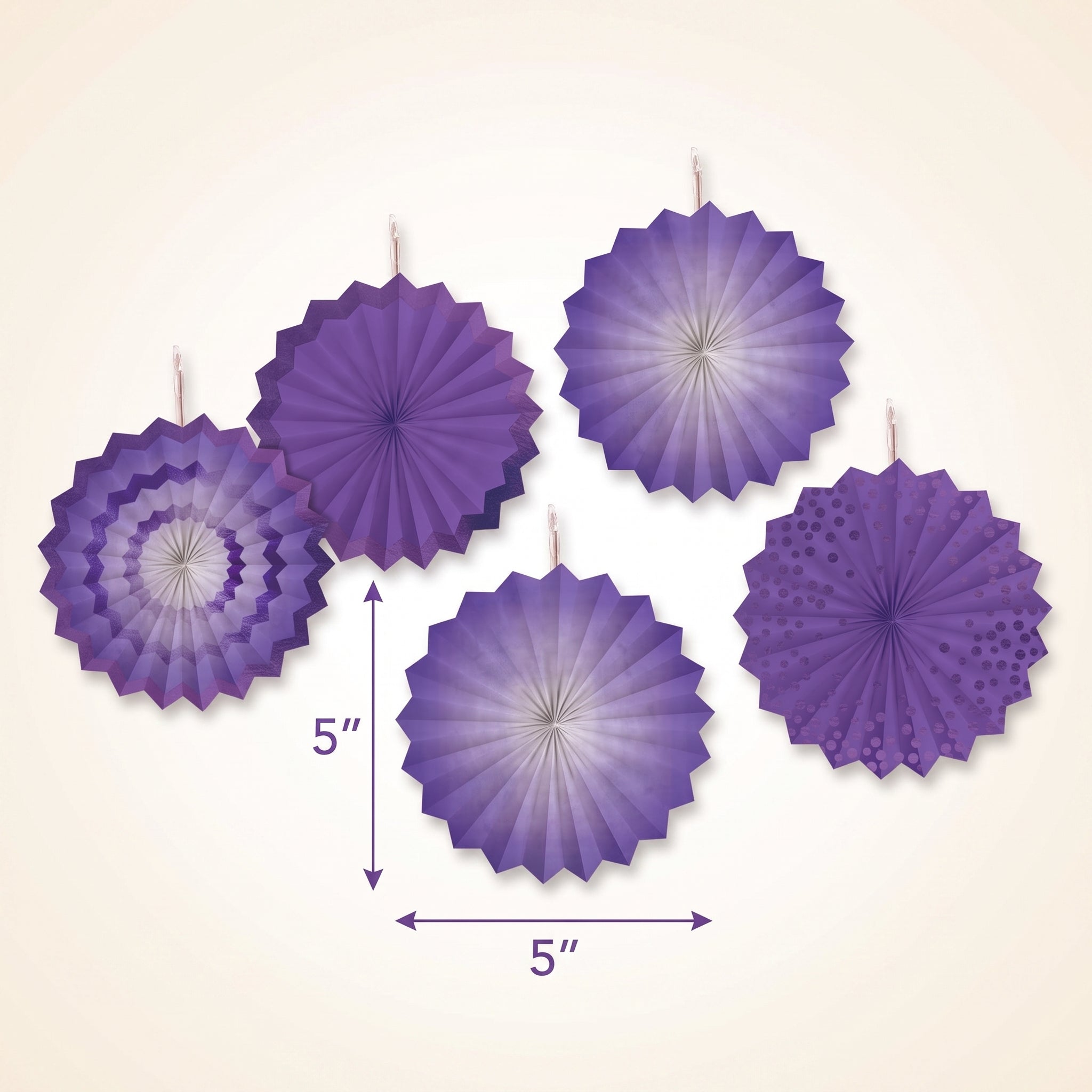 Purple Paper Fan Decorations - 5 Inch, 5-Pack