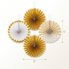 Gold Patterned Paper Fan Decorations - 5 Inch, 5-Pack