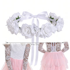 White Flower Girl Floral Wreath Headband with Ribbon