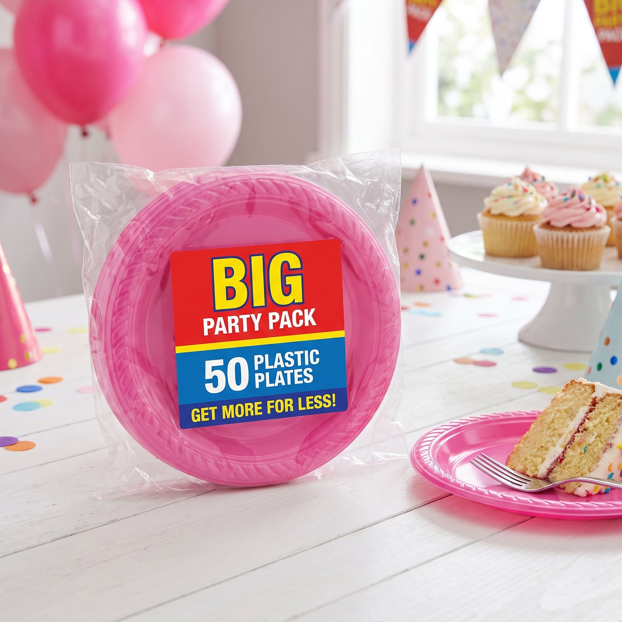 Bright Pink 7" Plastic Dessert Plates - Big Party Pack, 50 Count