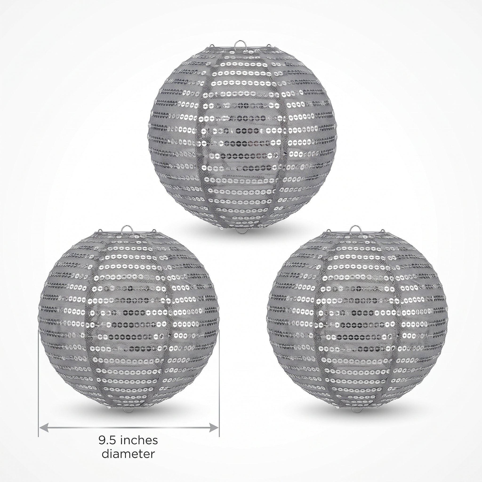 Silver Sequin Fabric Lanterns - 9.5-Inch, Set of 3