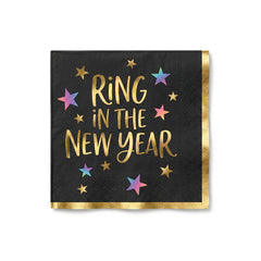 Starlight "Ring in the New Year" Beverage Napkins, Black/Gold, 40-Pack - 5 In. X 5 In.