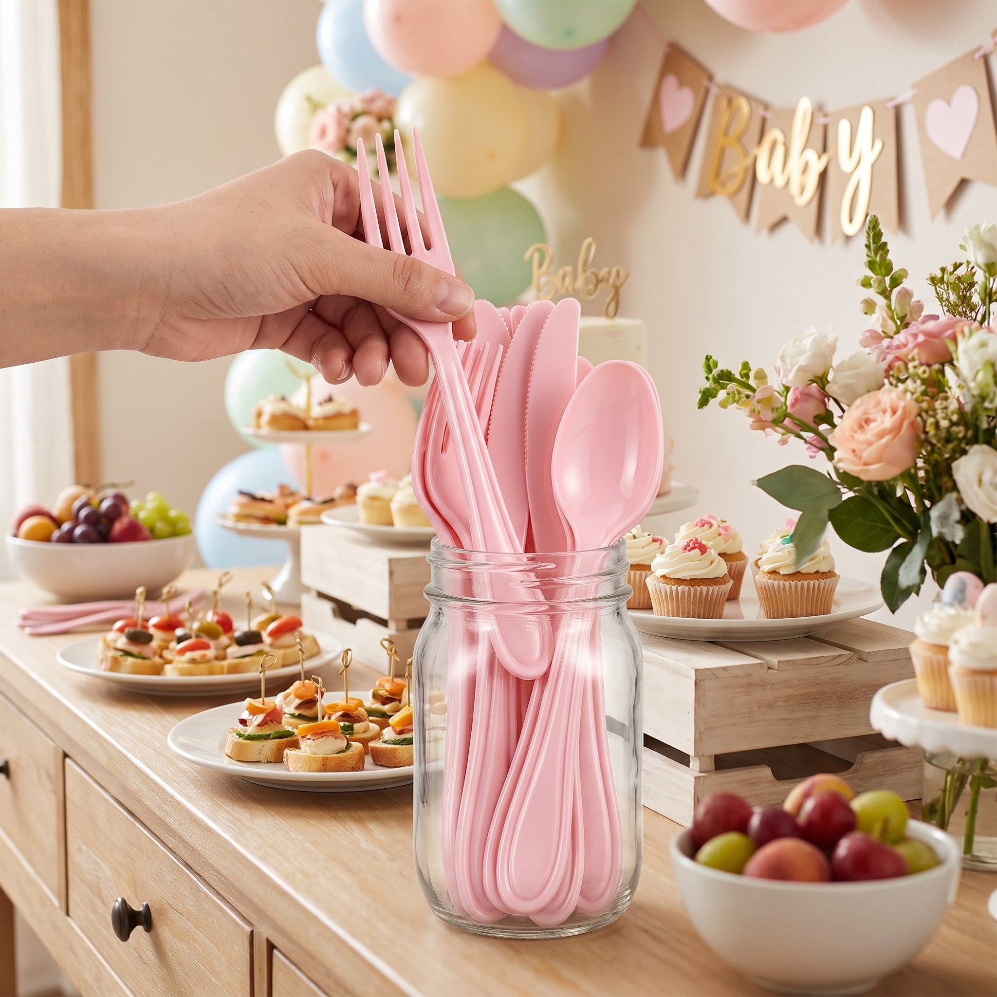 Heavyweight Assorted Pink Plastic Cutlery Set - 7.5 in.