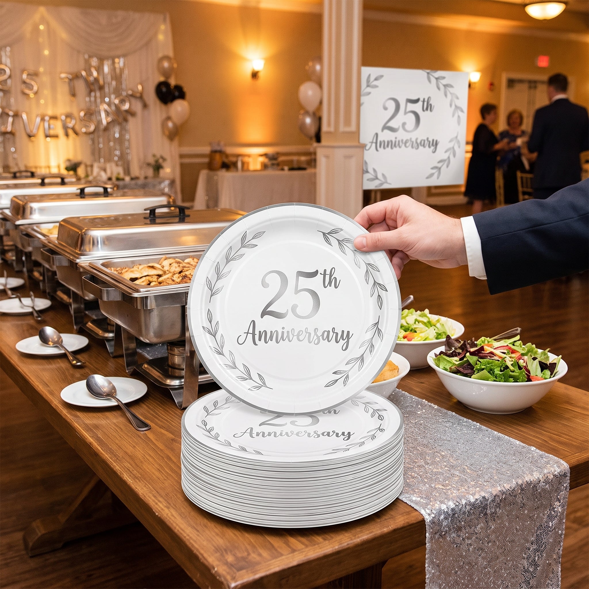 25th Anniversary Metallic Round Dinner Plates, 10.5-Inch, 8-Pack