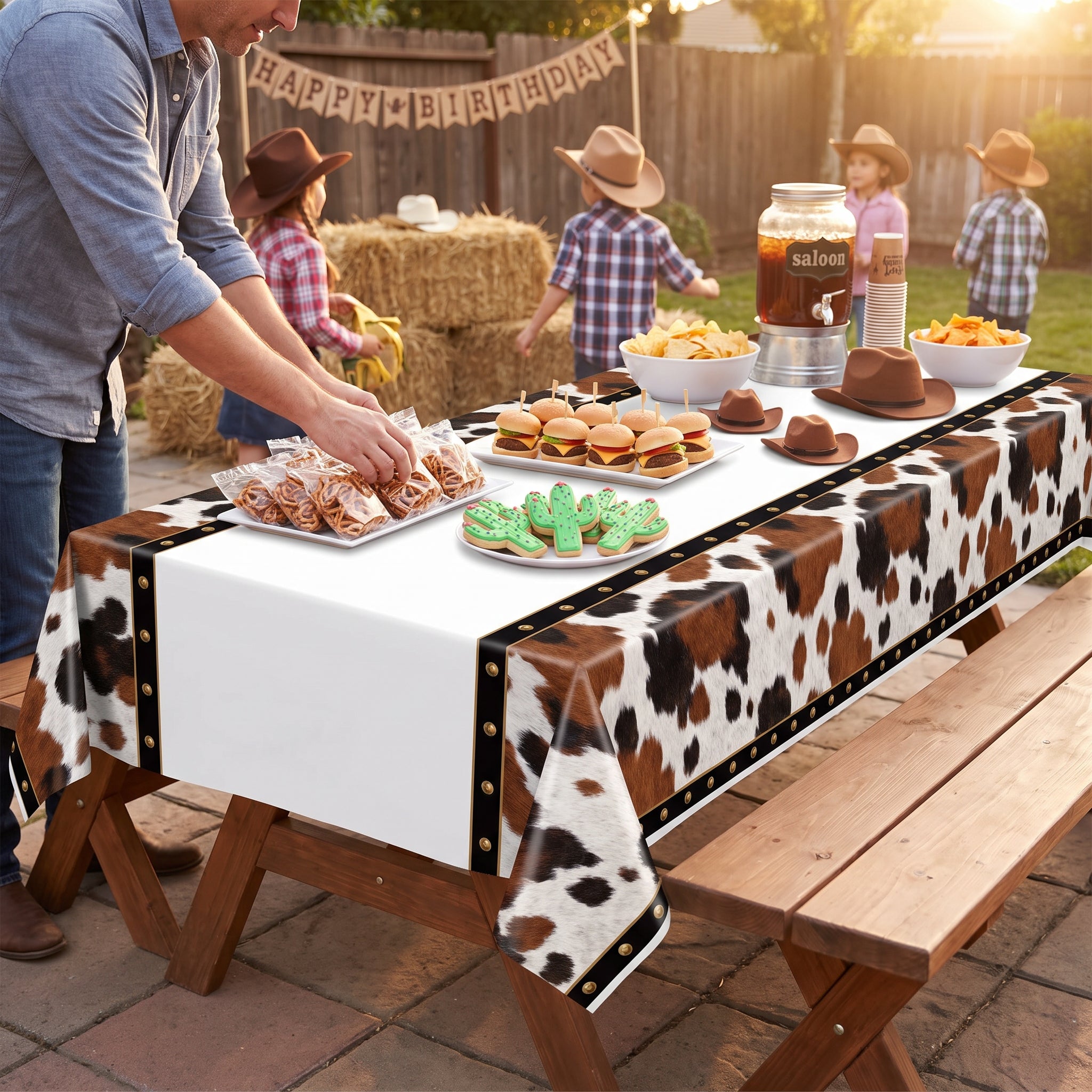 Western-Themed Reusable Plastic Table Cover, 54x102 Inch