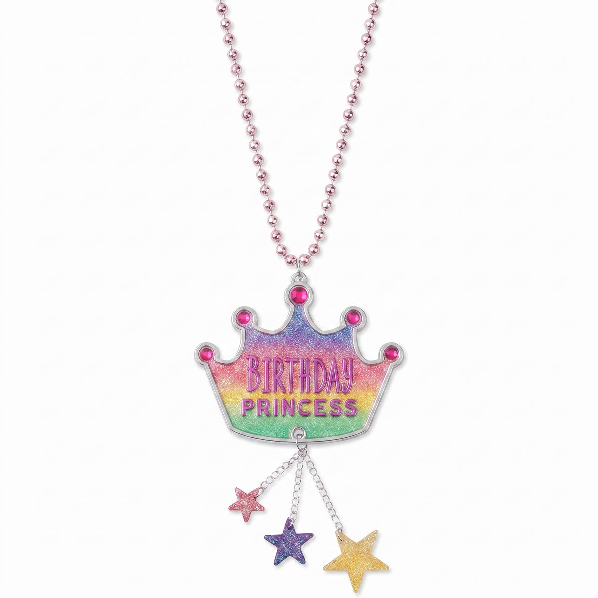 Glitter Pastel "Birthday Princess" Tiara Pendant Bead Necklace