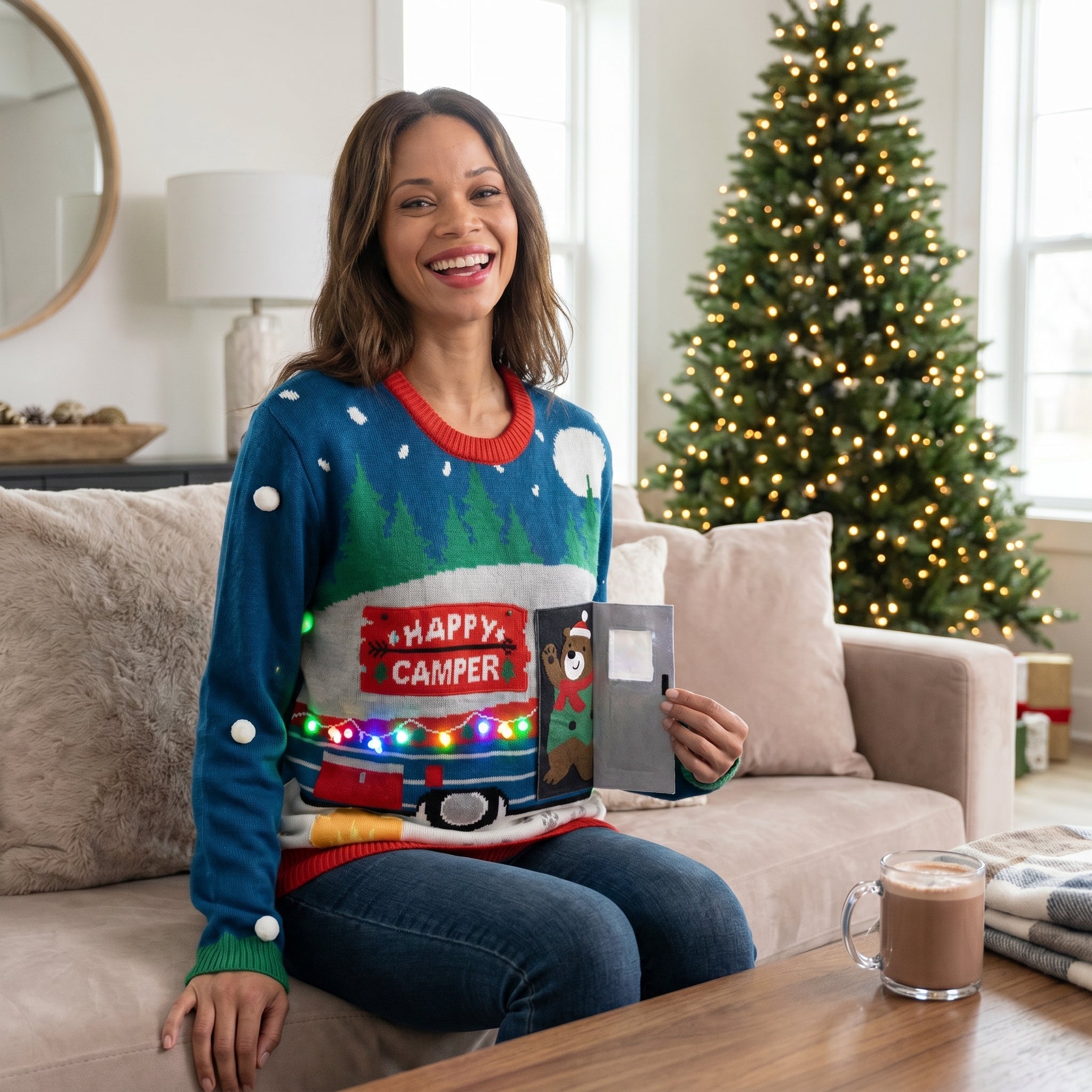 Ugly Christmas Sweater Women Pullover - Light Up Happy Camper Interactive Holiday Sweater with LED Lights, Bear Flap, 3D Details - Adult S/M