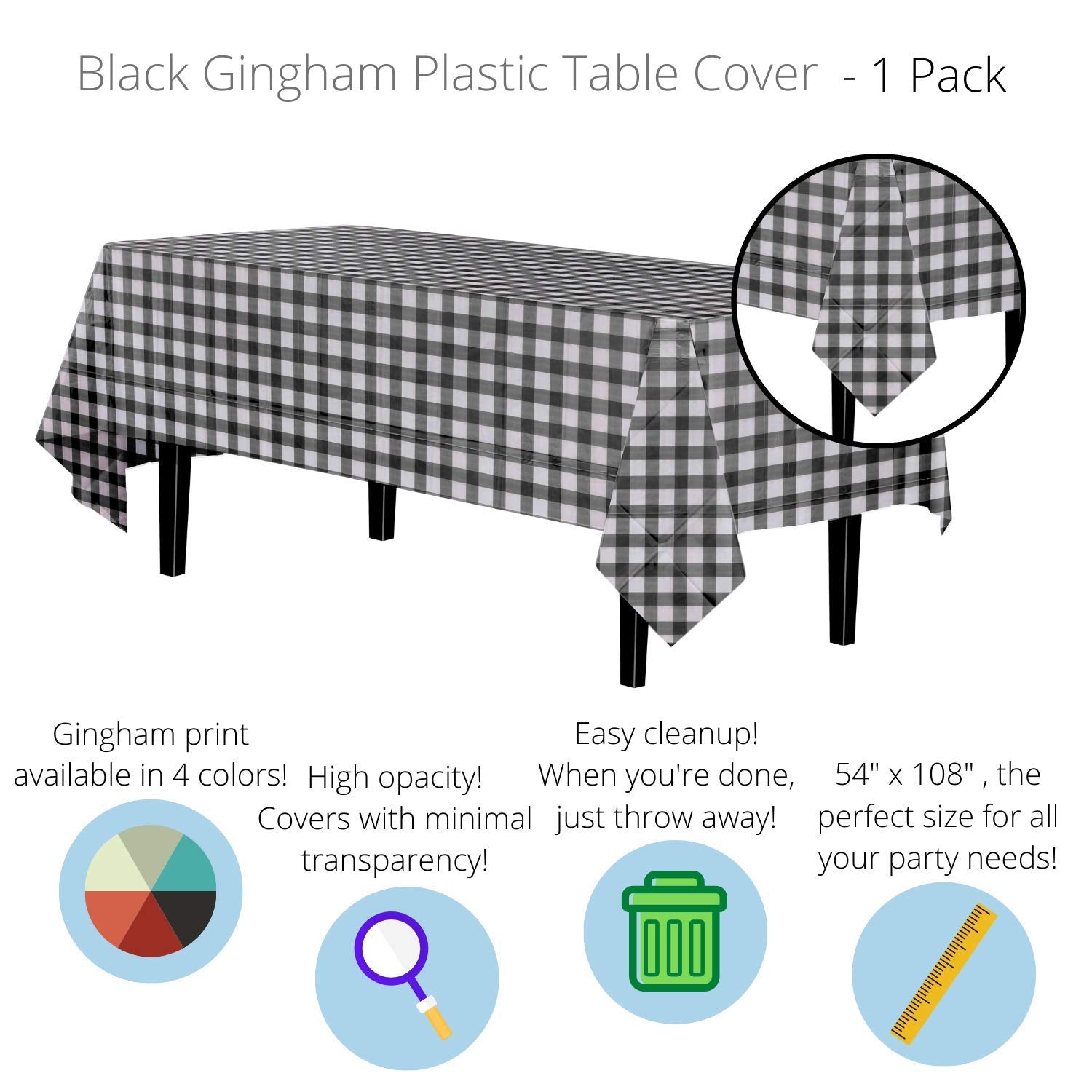 Black Gingham Plastic Table Covers | 6 Pack