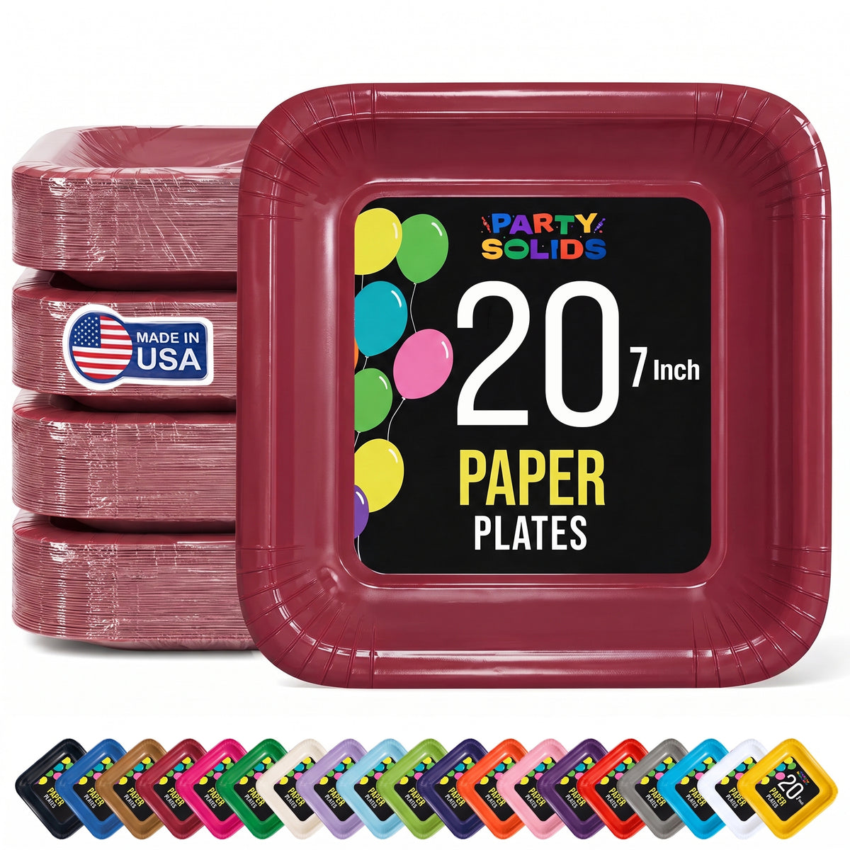 7 In. Burgundy Square Paper Plates - 20 Ct.