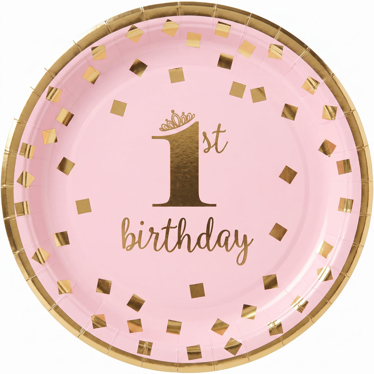 Metallic Pink and Gold Confetti 1st Birthday Dessert Plates, 7-Inch, 8-Pack