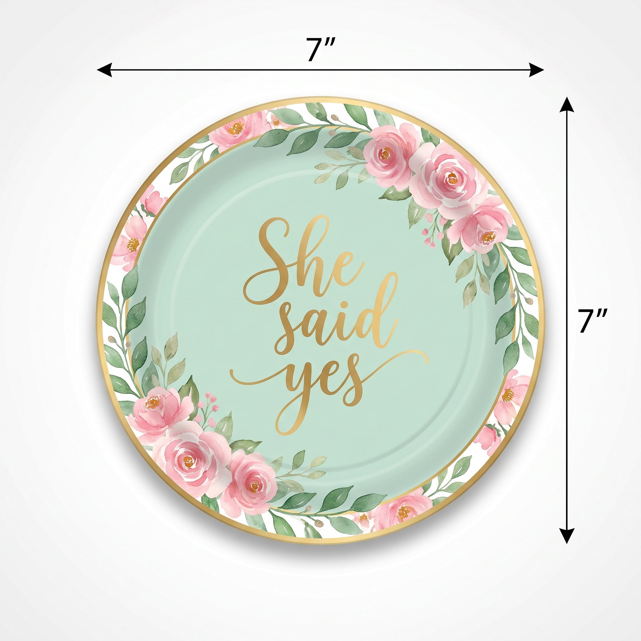 "She Said Yes" Floral 7" Round Metallic Mint Dessert Plates - 8 Pack