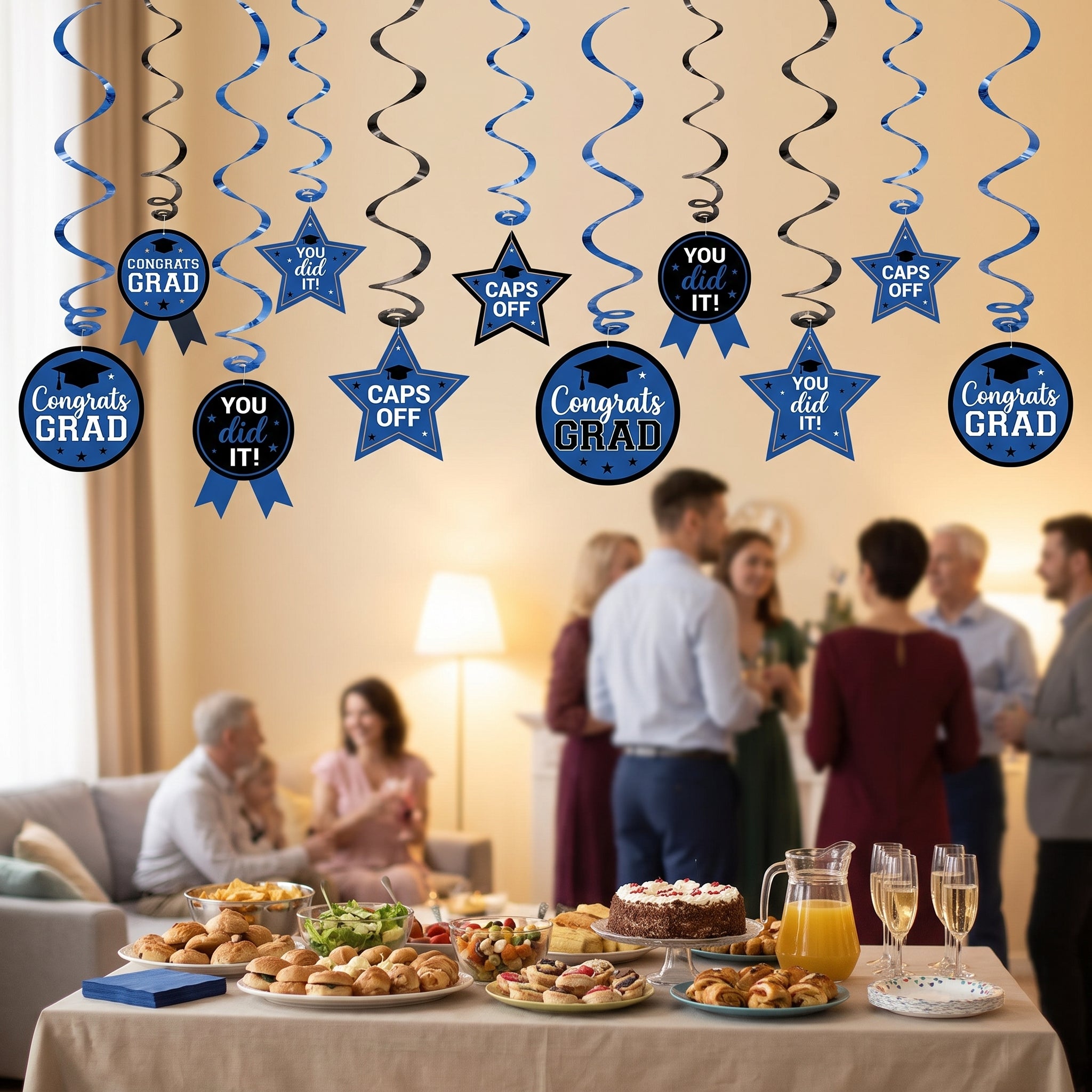 Blue "Congrats Grad" Swirl Hanging Decorations - 12 Pack