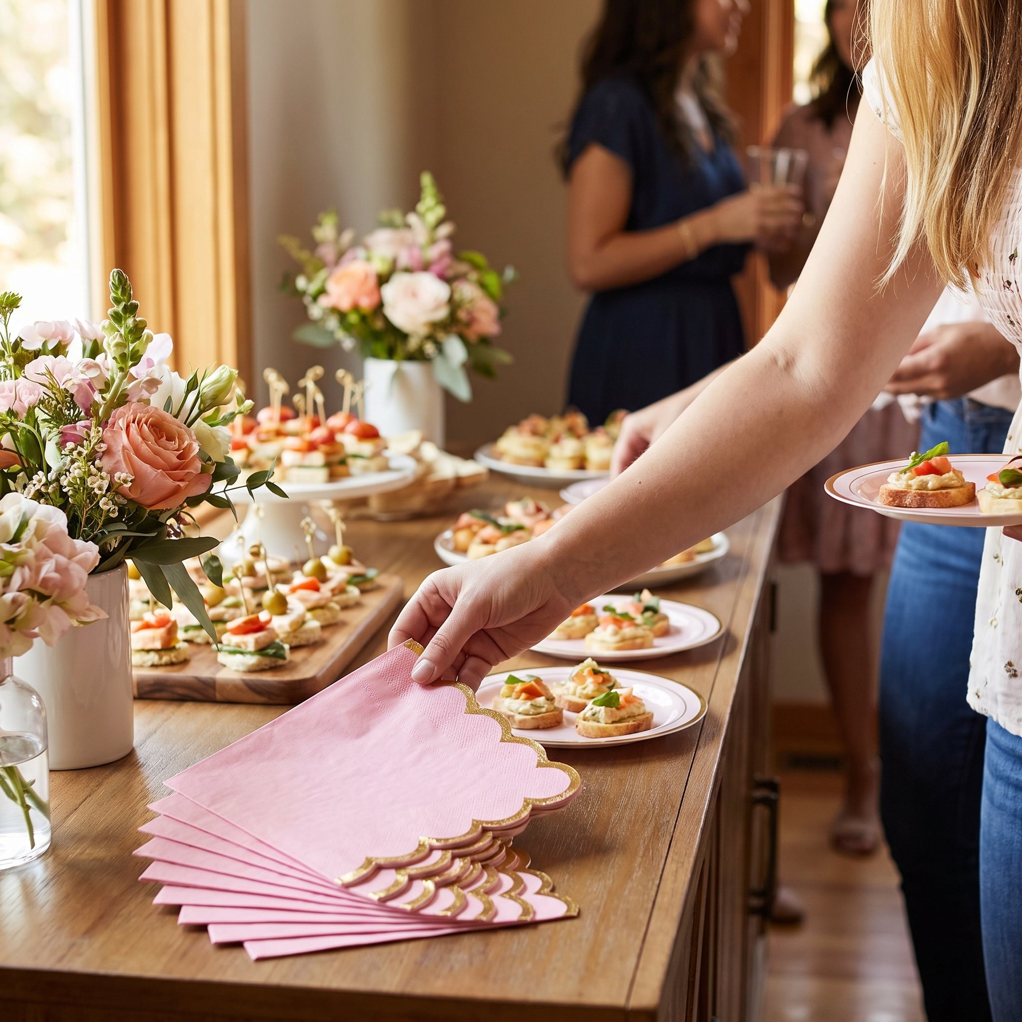 Pink Scalloped Edge Luncheon Napkins with Gold Foil - 6.5 in. x 6.5 in.