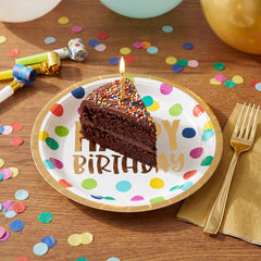 Multicolour Metallic Happy Dots Birthday Dinner Plates, 10.5-Inch, 8-Pack