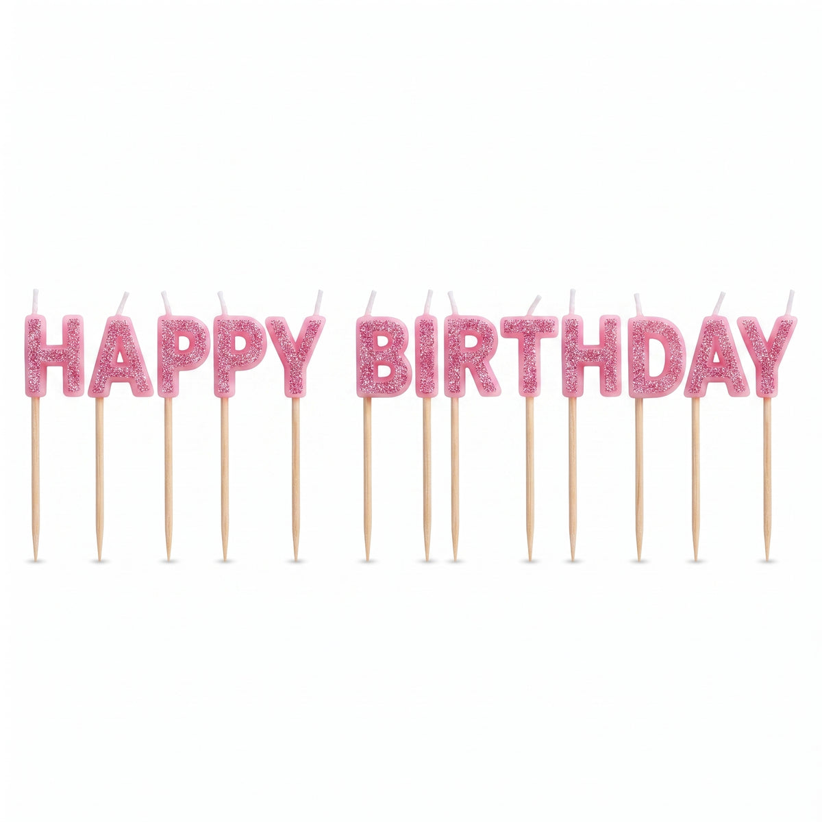 Glitter Pink "Happy Birthday" Candle Picks - 13 Piece Set
