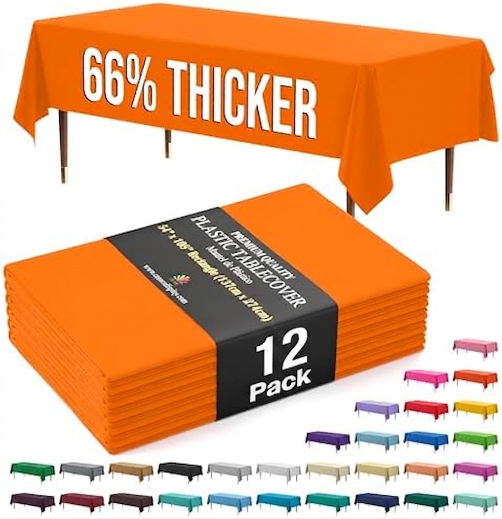 Premium Orange Plastic Table Covers | 12 Pack | 54 in. x 108 in.