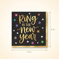 Starlight "Ring in the New Year" Beverage Napkins, Black/Gold, 40-Pack - 5 In. X 5 In.