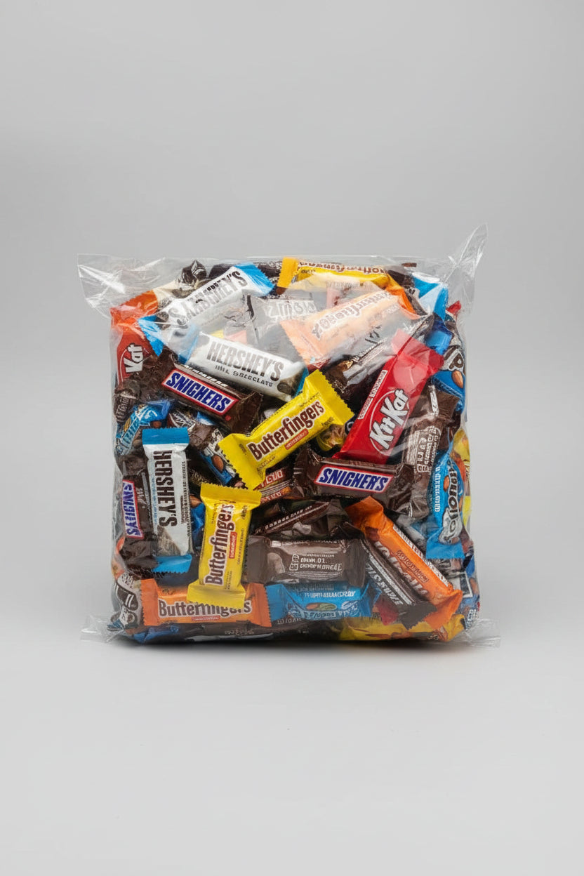 2 lb bulk bag of assorted Halloween fun size chocolate candy bars including Snickers, Kit Kat, Butterfinger and Hershey's