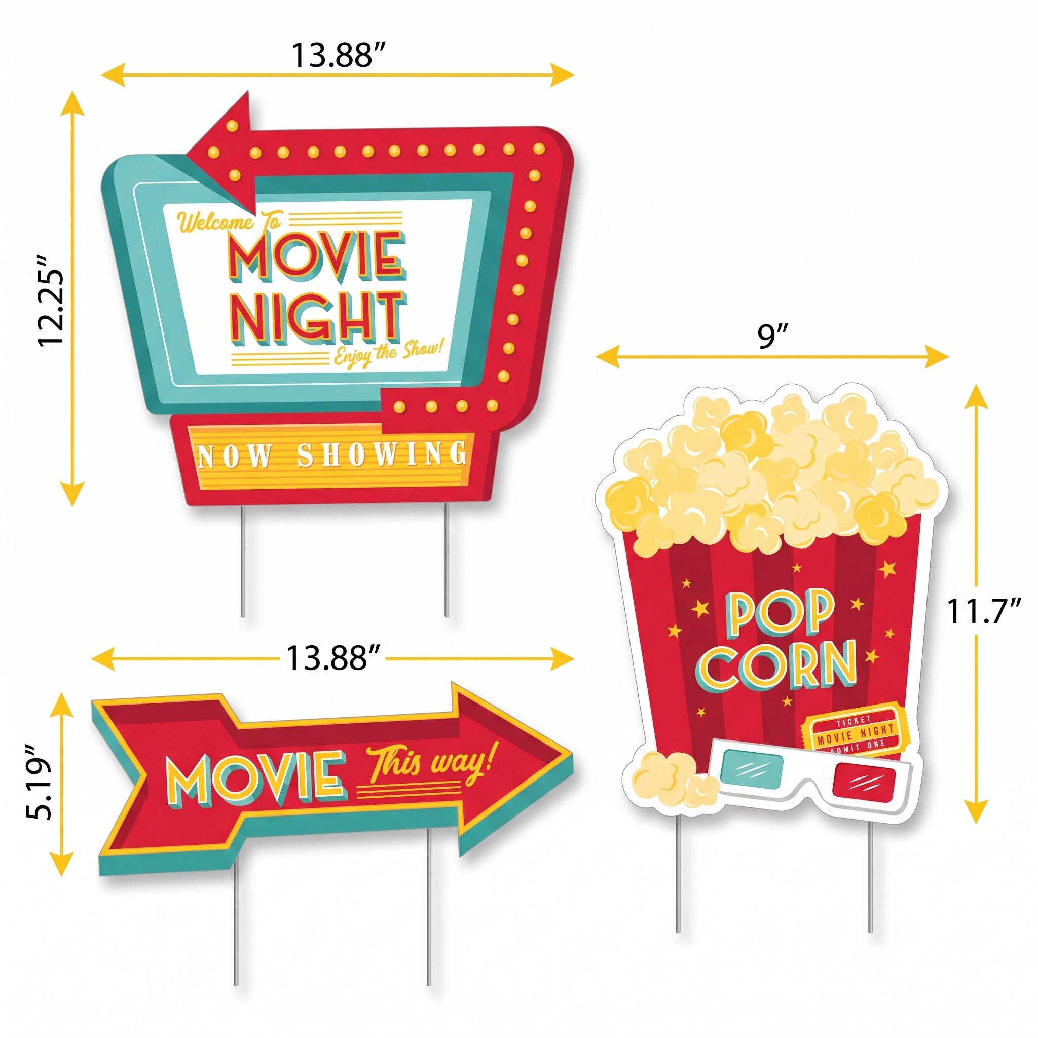 Movie Night Yard Sign Decorations - 3 Pack: Marquee, Arrow, & Popcorn
