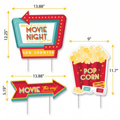 Movie Night Yard Sign Decorations - 3 Pack: Marquee, Arrow, & Popcorn