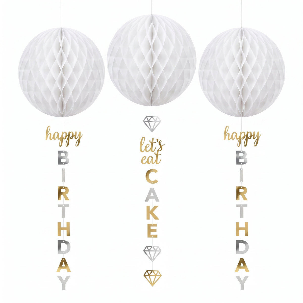 Metallic Gold and Silver Honeycomb Hanging Decorations with Tails, 3-Pack