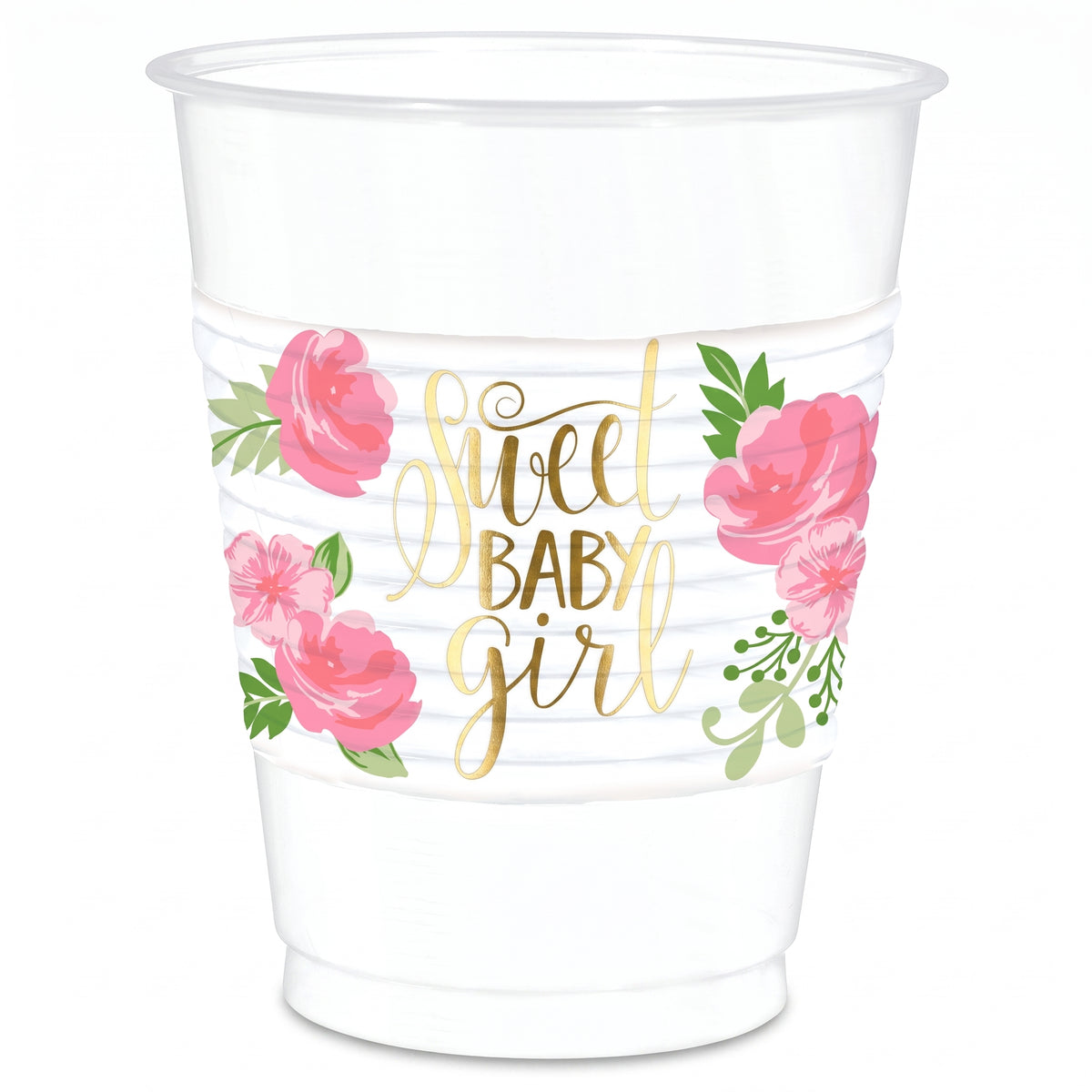 Floral Baby Shower 16oz Plastic Cups - Sweet Baby Girl Design, 25-Pack