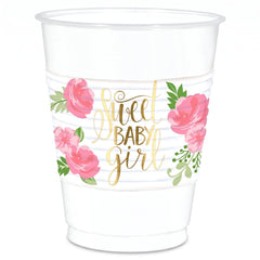 Floral Baby Shower 16oz Plastic Cups - Sweet Baby Girl Design, 25-Pack