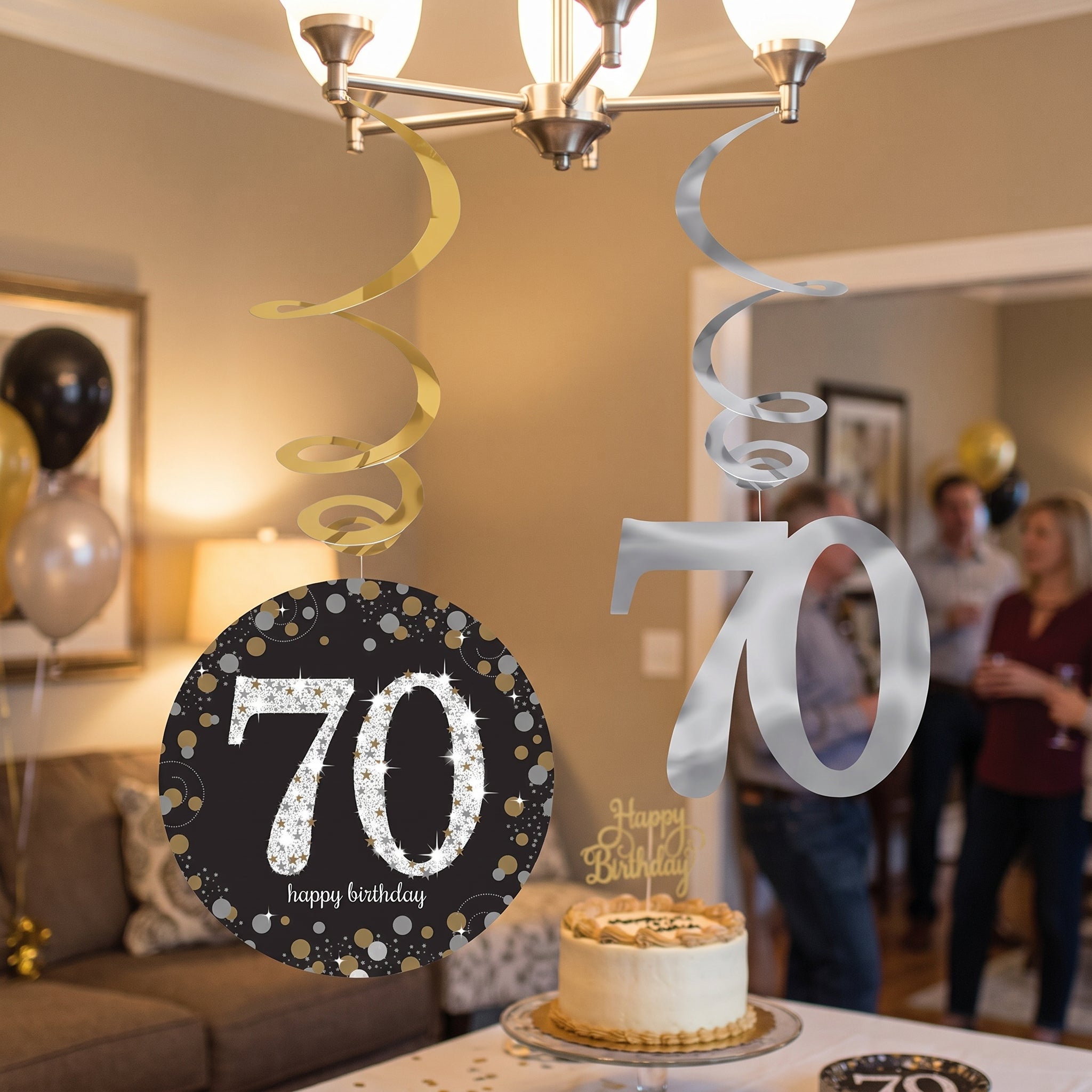 Sparkling Celebration 70th Birthday Swirl Decorations - Metallic Gold, Silver, and Black