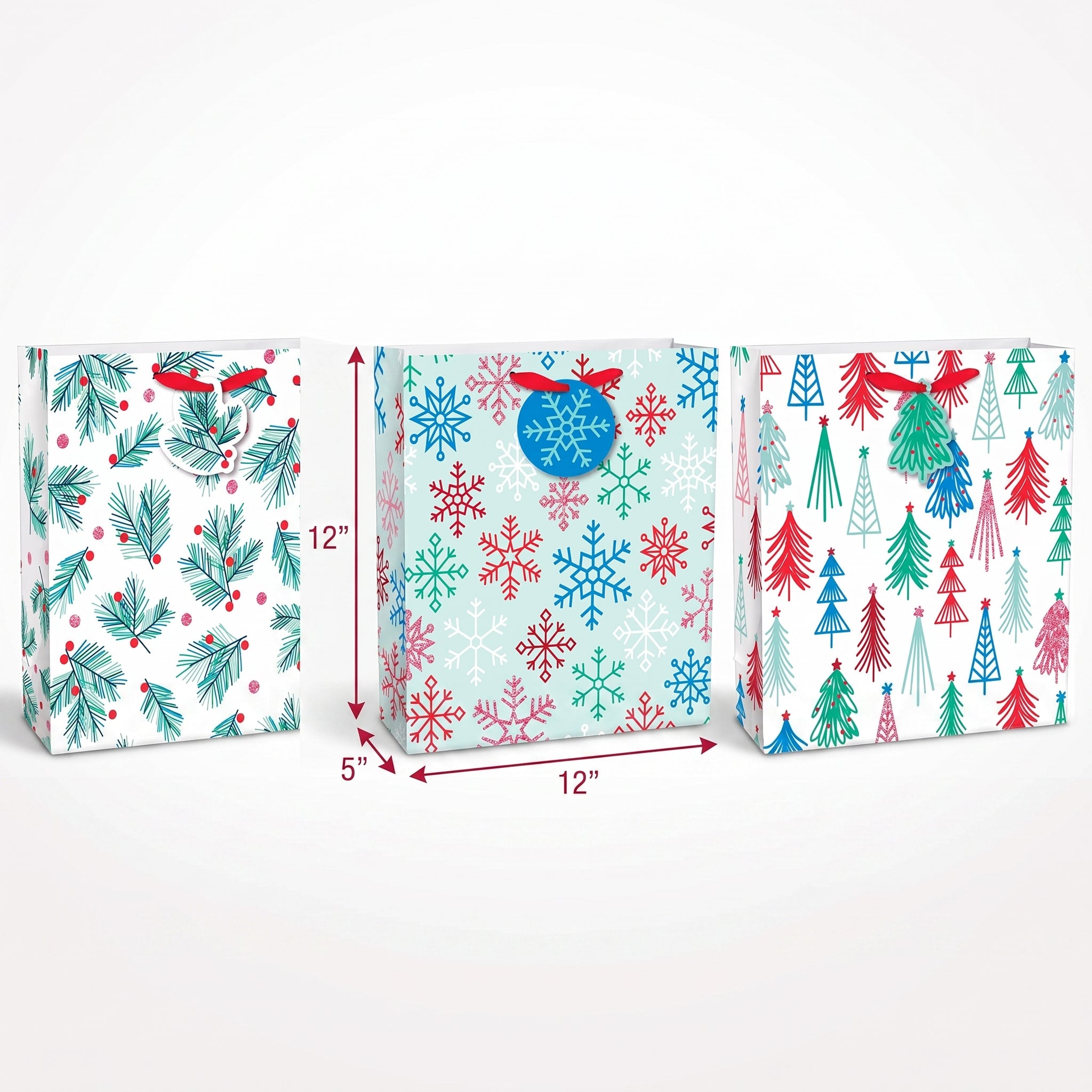 Festive Christmas Gift Bag Multipack - Trees, Holly & Snowflakes