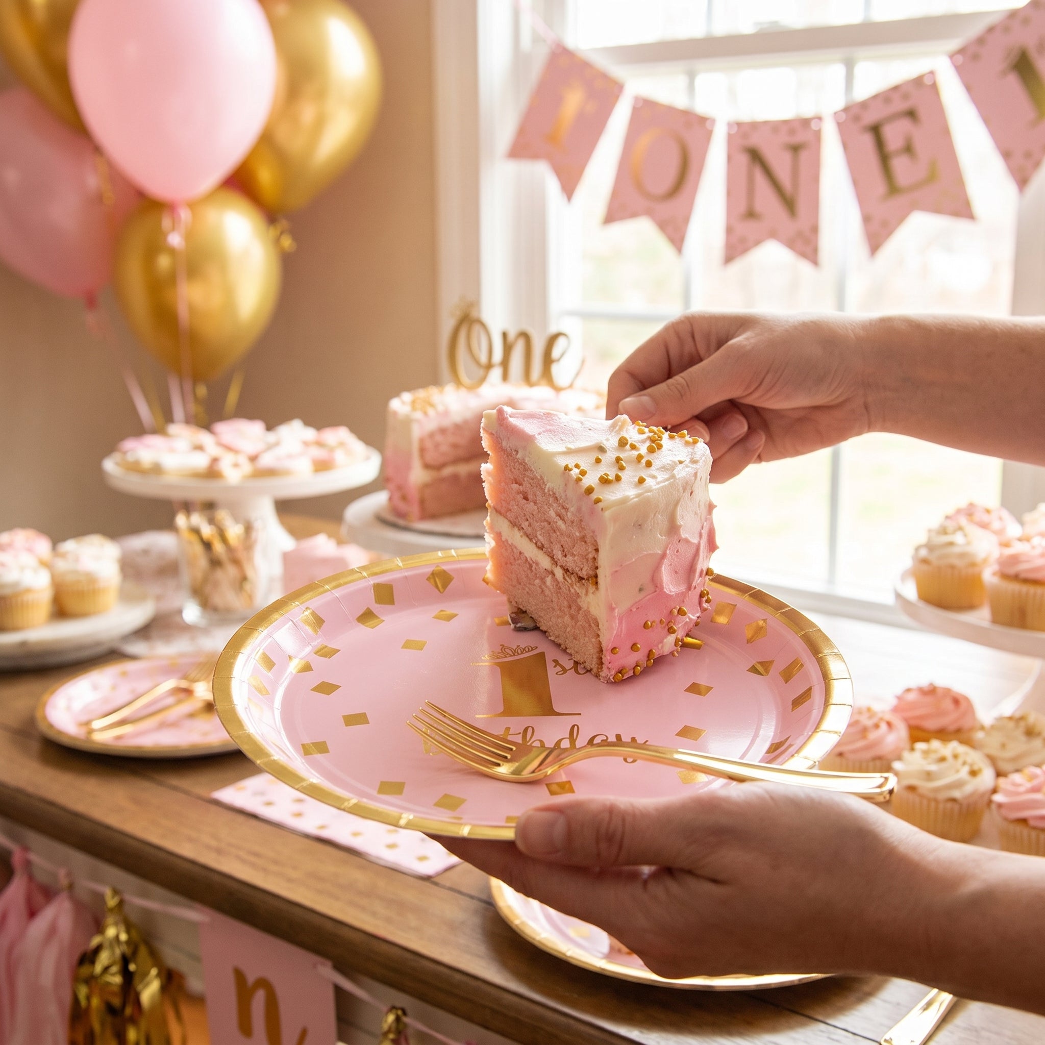 Metallic Pink and Gold Confetti 1st Birthday Dessert Plates, 7-Inch, 8-Pack