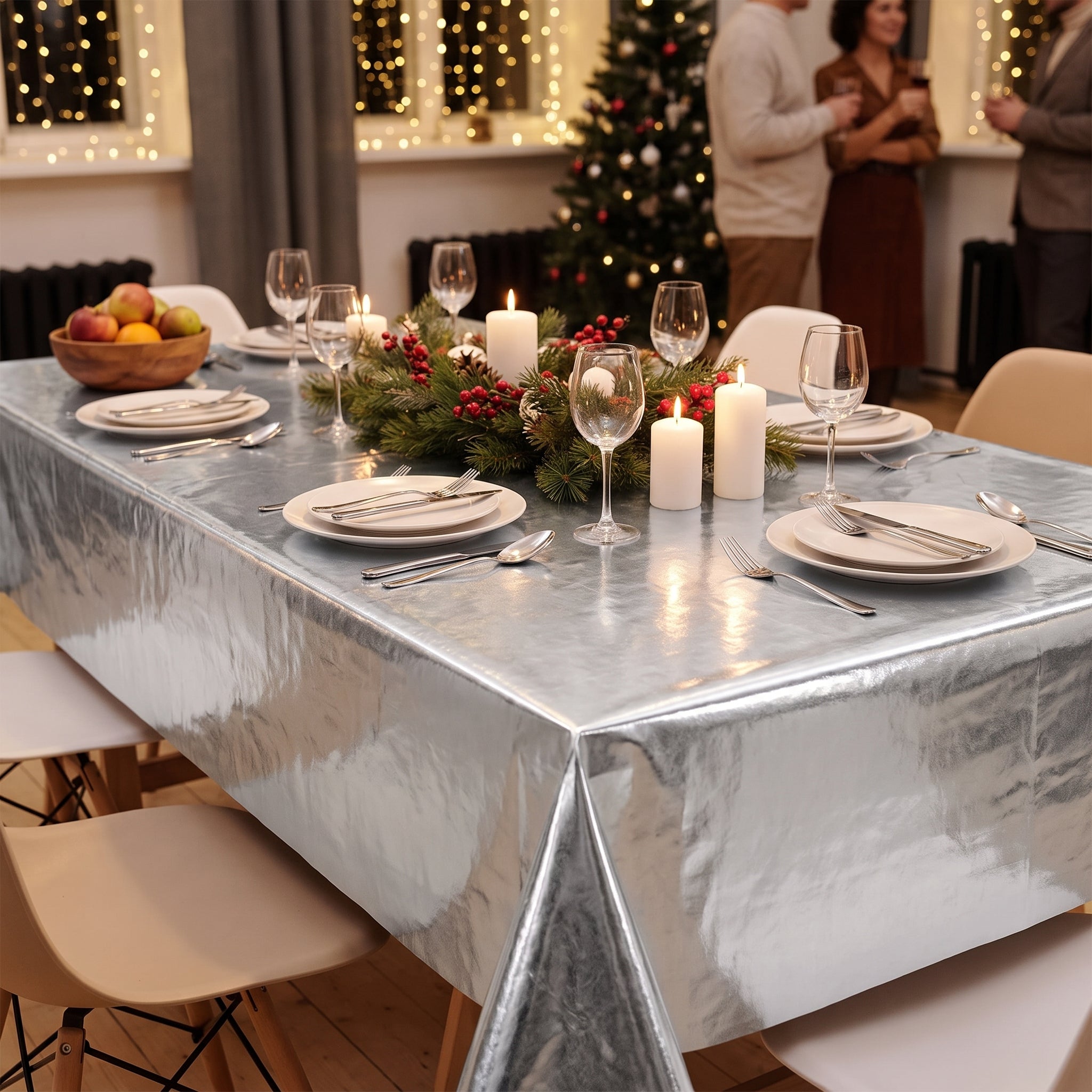 Silver Flannel-Backed Vinyl Tablecover - 52" x 90"