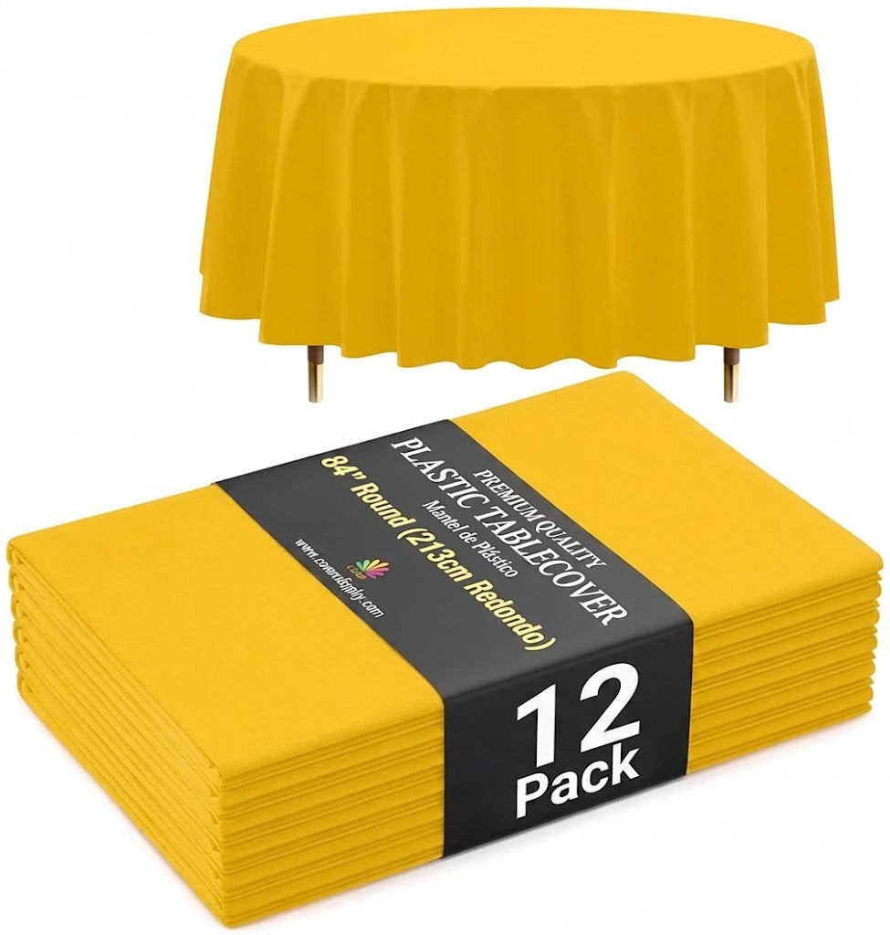 Premium Round Yellow Plastic Table Covers | 12 Pack | 84 in.