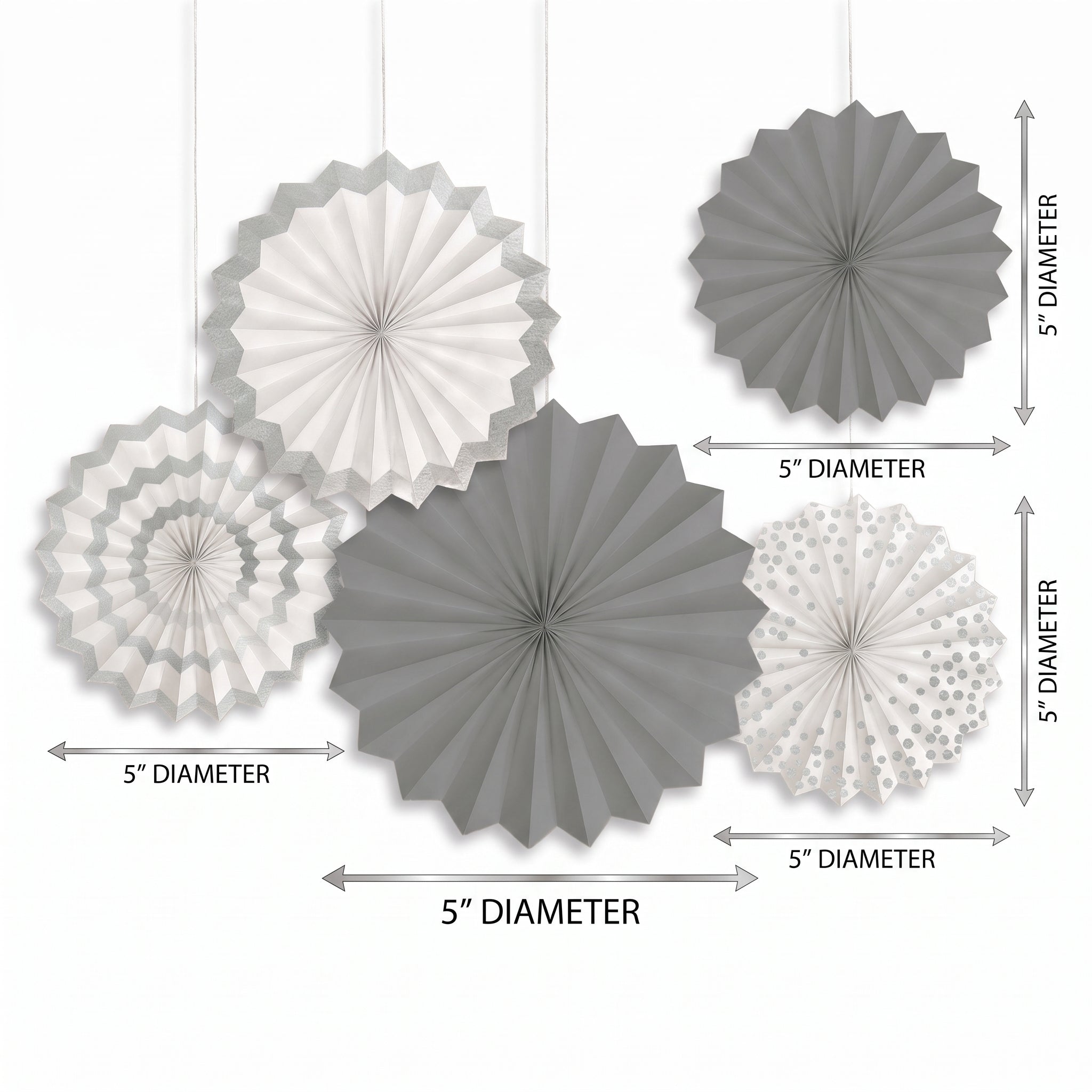 Silver Patterned Paper Fan Decorations - 5 Inch, 5-Pack