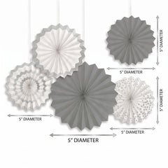 Silver Patterned Paper Fan Decorations - 5 Inch, 5-Pack