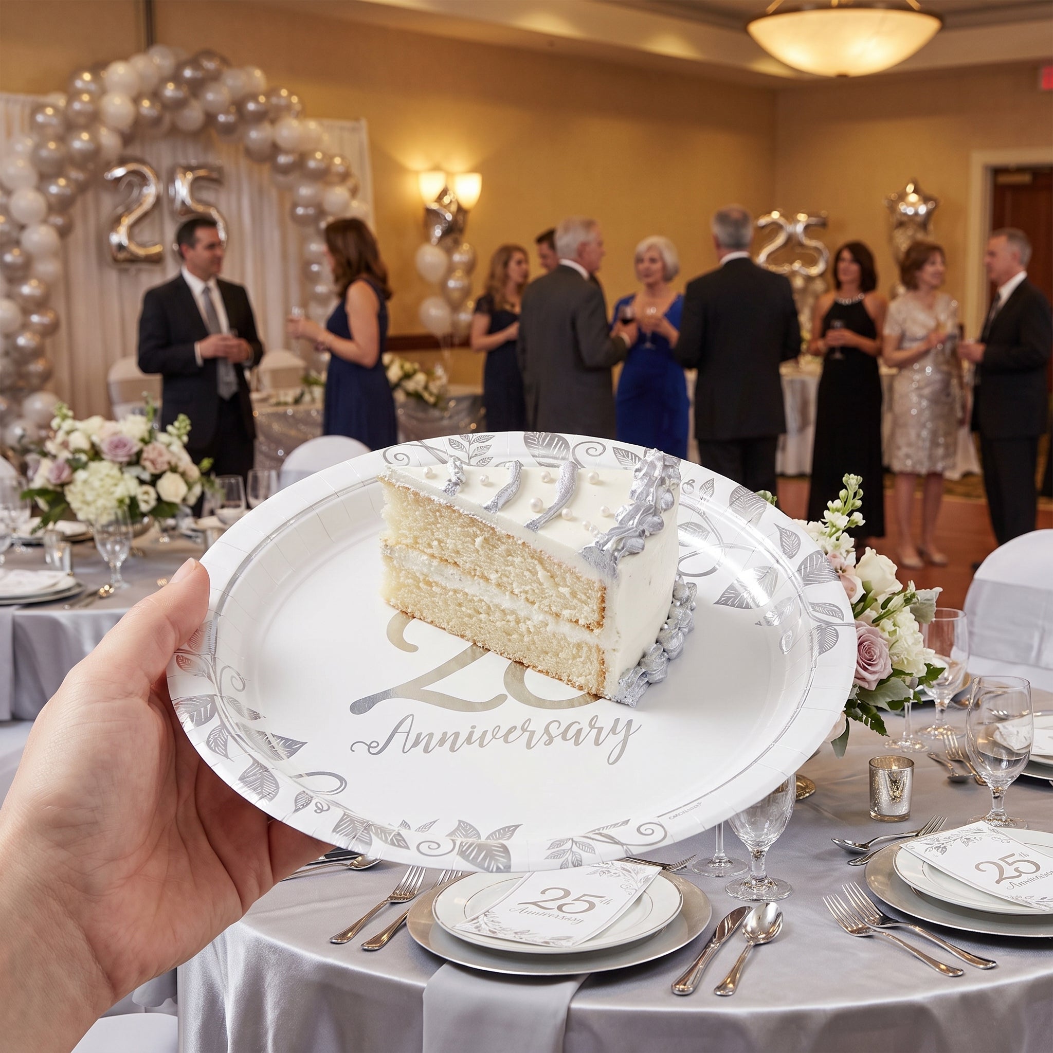 Elegant 25th Anniversary Metallic Paper Plates - 7" Round, Pack of 8